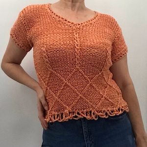 Vintage Y2K Crochet Woven Cut Out Hand Knit Lightweight Short Sleeve Sweater